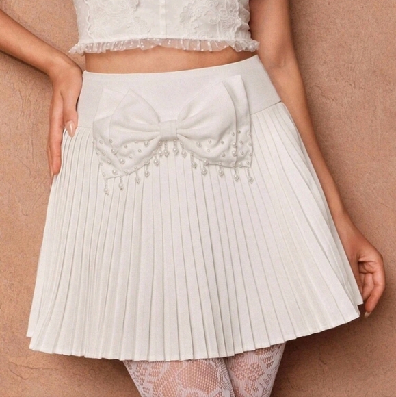 Women's High Waist A-Line Pleated Skirt With Beaded Bow Decor, Solid Color - Picture 1 of 5